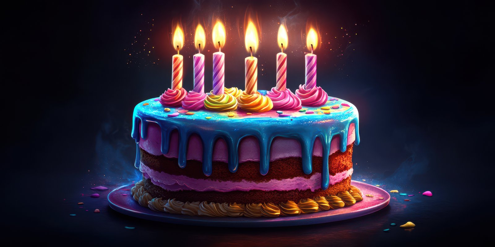 Colorful birthday cake with lit candles and frosting decorations celebrating a special occasion